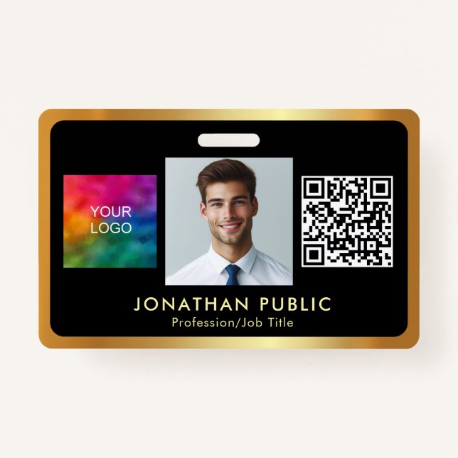 Your Logo QR Code Employee Photo Black & Gold Badge (Front)