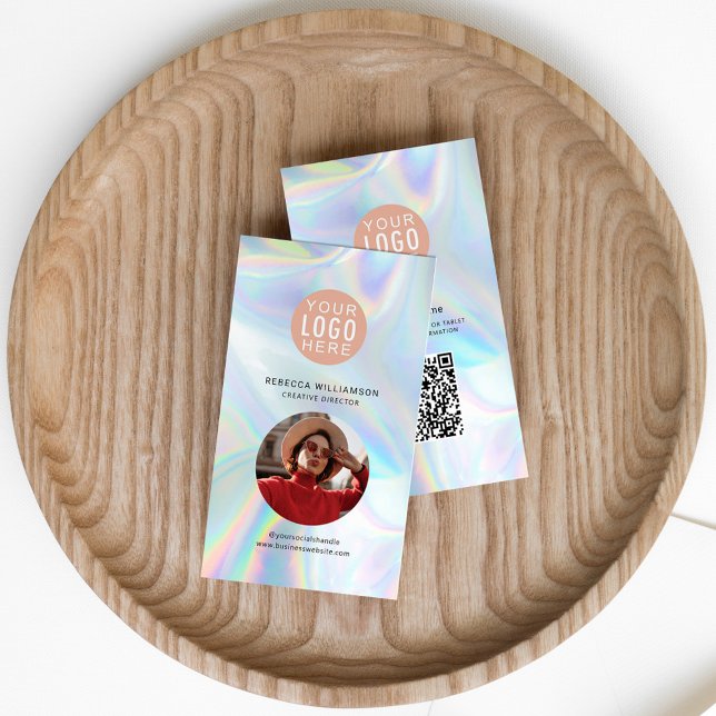 Your Logo QR Code Holographic Employee Photo Business Card (Business Logo QR Code Employee Photo Vertical Card)