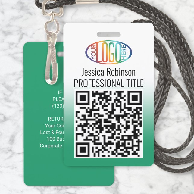 Your Logo, QR Code, Name and Title Green Gradient Badge (Creator Uploaded)