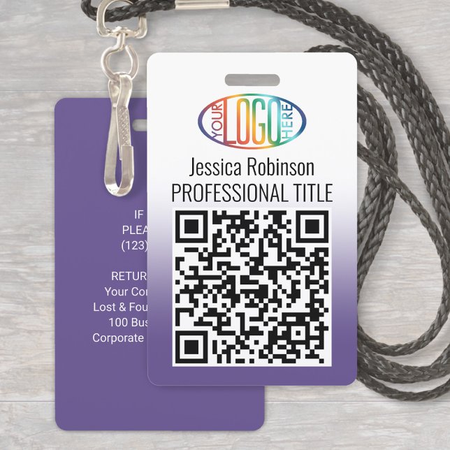 Your Logo, QR Code, Name and Title Purple Gradient Badge (Creator Uploaded)