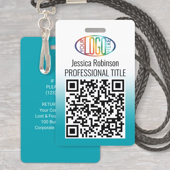 Your Logo, QR, Name and Title Teal Blue Gradient Badge (Creator Uploaded)