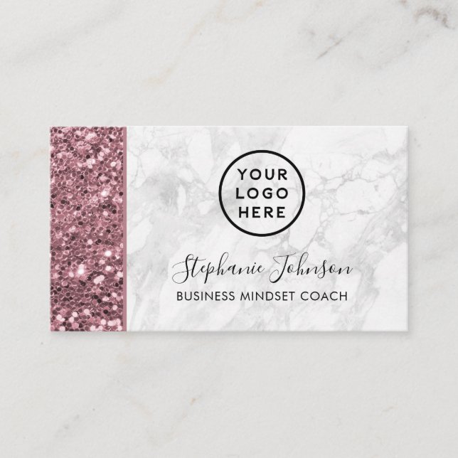 Your Logo Rose Gold Pink Glitter White Marble Business Card (Front)