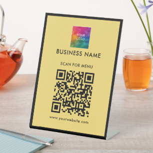 Your Logo Scan For Menu QR Code Black & Gold Pedestal Sign