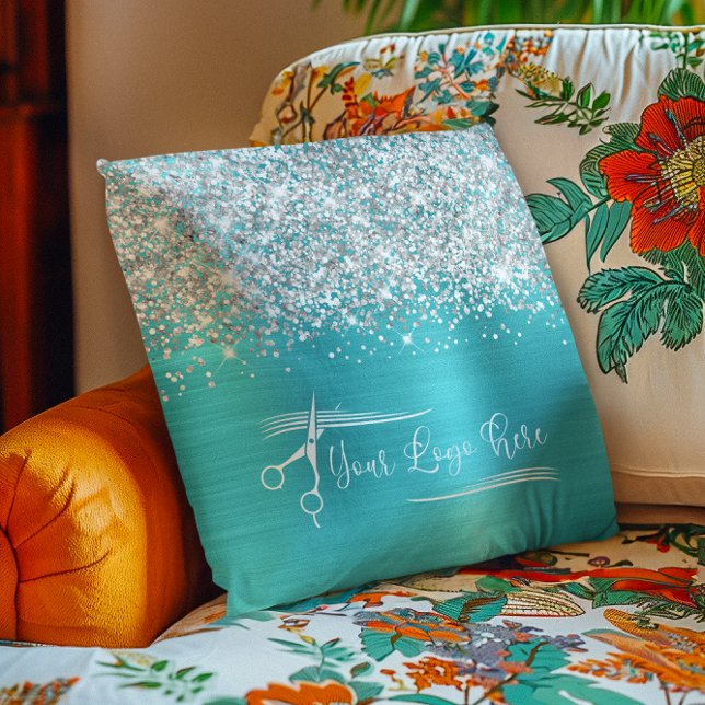 Your Logo Silver Glitter Turquoise Blue Glam Throw Pillow (Your Logo Silver Glitter Turquoise Blue Glam Throw Pillow)