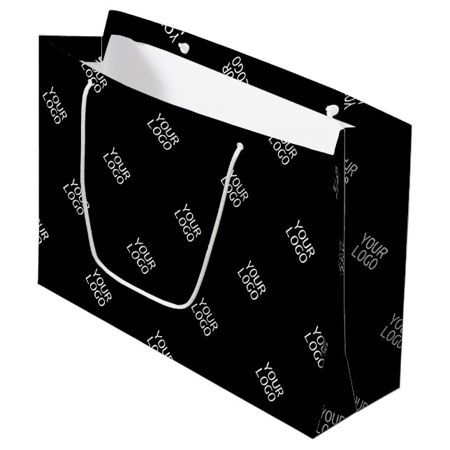 Your Logo Simple Repeating Logo Pattern | Black Large Gift Bag (Front Angled)