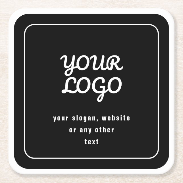Your Logo & Slogan or other text | Black & White Square Paper Coaster (Front)