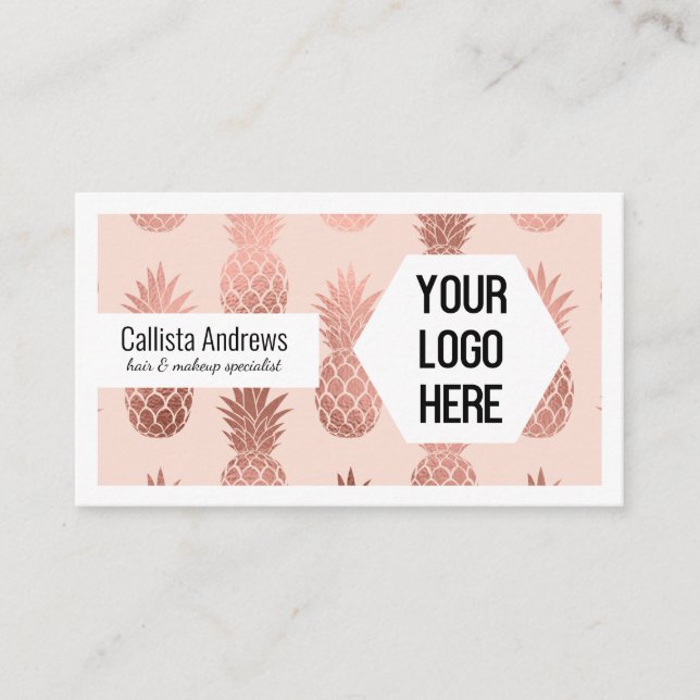 Your Logo Tropical Rose Gold Summer Pineapples Business Card (Front)