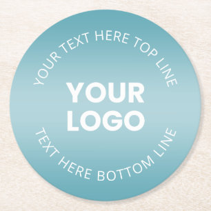 Your Logo w/Editable Aqua Blue & White Gradient Round Paper Coaster