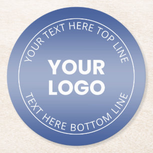 Your Logo w/Editable Blue & White Gradient Round Paper Coaster
