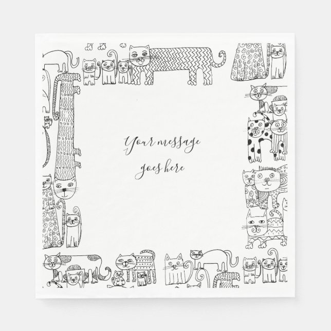 Your Message Cats Black and White Illustrations Napkin (Front)