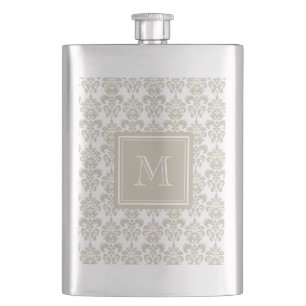 Your Monogram, Beige Damask Pattern 2 Hip Flask