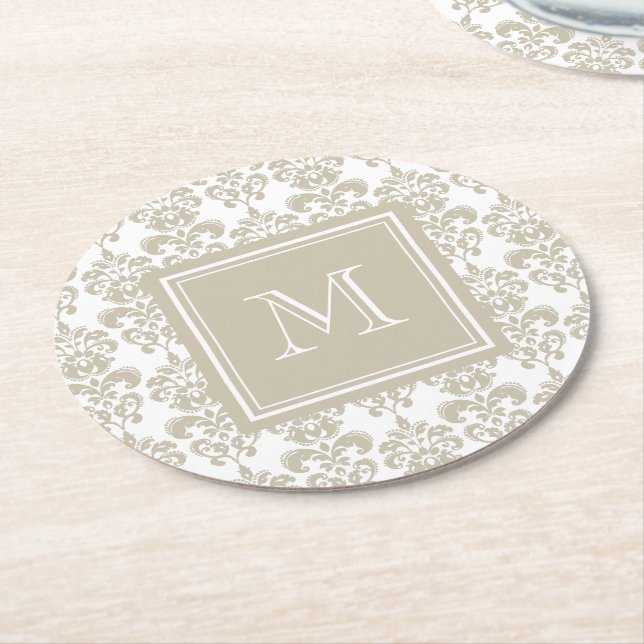 Your Monogram, Beige Damask Pattern 2 Round Paper Coaster (Angled)