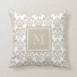 Your Monogram, Beige Damask Pattern 2 Throw Pillow