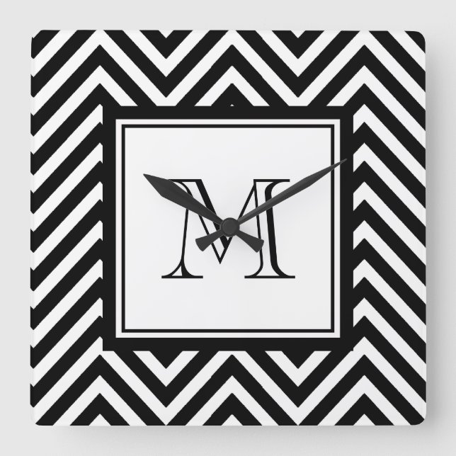 YOUR MONOGRAM, BLACK CHEVRON SQUARE WALL CLOCK (Front)