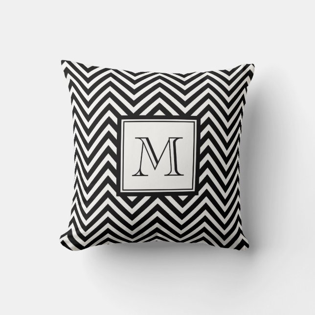 YOUR MONOGRAM, BLACK CHEVRON THROW PILLOW (Front)