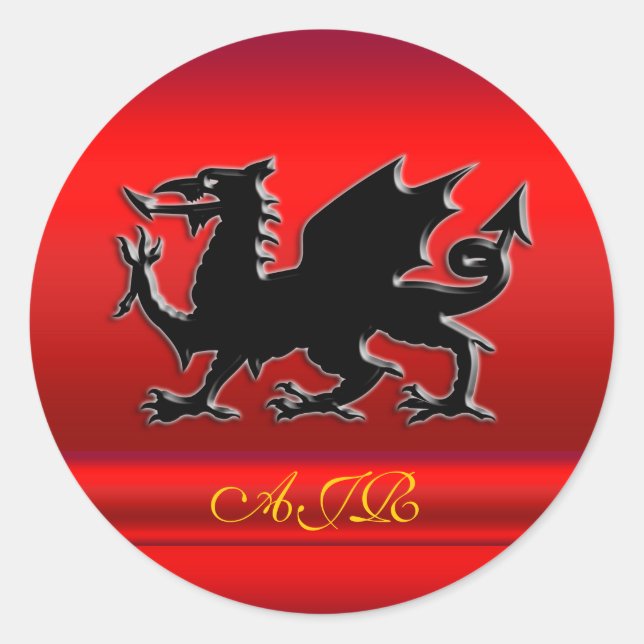 Your monogram, Black Dragon on red metallic-look Classic Round Sticker (Front)
