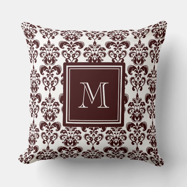 Your Monogram, Brown Damask Pattern 2 Throw Pillow (Front)