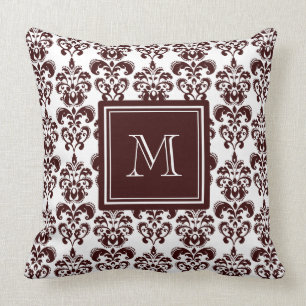 Your Monogram, Brown Damask Pattern 2 Throw Pillow