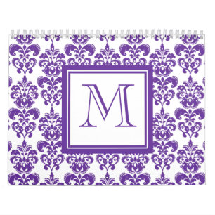 Your Monogram, Dark Purple Damask Pattern 2 Calendar