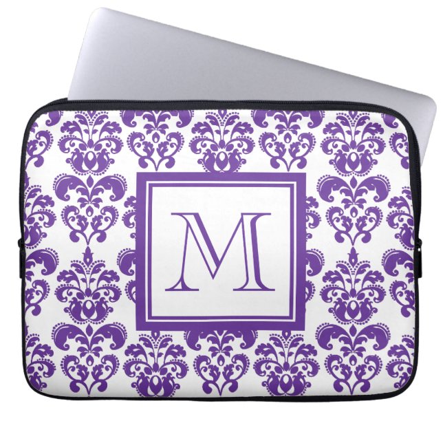 Your Monogram, Dark Purple Damask Pattern 2 Laptop Sleeve (Front)