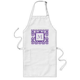 Your Monogram, Dark Purple Damask Pattern 2 Long Apron