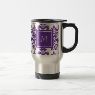 Your Monogram, Dark Purple Damask Pattern 2 Travel Mug