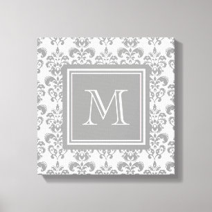 Your Monogram, Grey Damask Pattern 2 Canvas Print