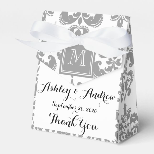 Your Monogram, Grey Damask Pattern 2 Favor Box (Front Side)