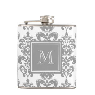 Your Monogram, Grey Damask Pattern 2 Hip Flask