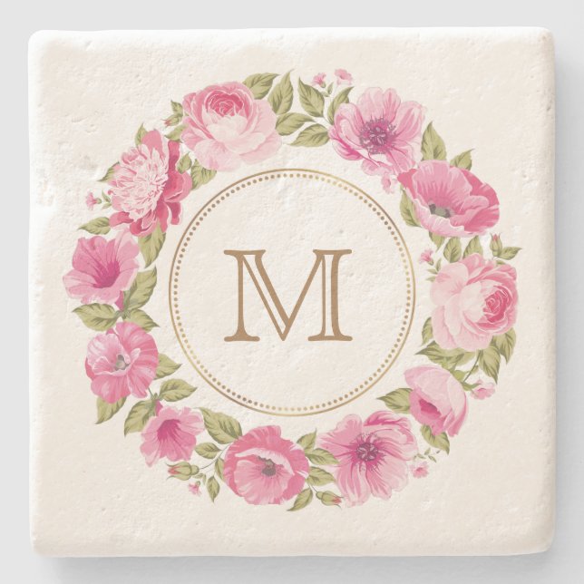 Your Monogram in a Flower Frame stone coasters (Front)
