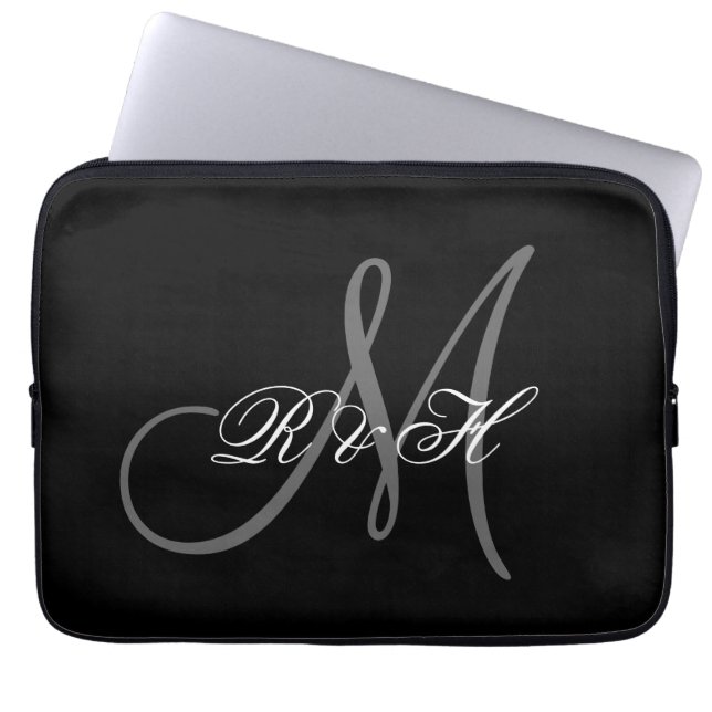 YOUR MONOGRAM INITIALS | SIMPLE BLACK GREY LAPTOP SLEEVE (Front)