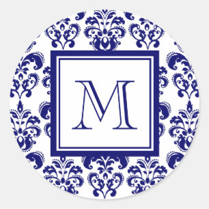 Your Monogram, Navy Blue Damask Pattern 2 Classic Round Sticker