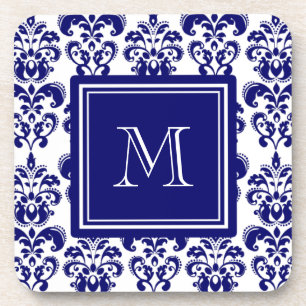 Your Monogram, Navy Blue Damask Pattern 2 Coaster