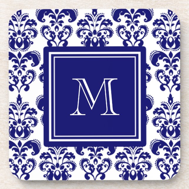 Your Monogram, Navy Blue Damask Pattern 2 Coaster (Front)