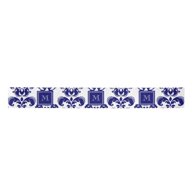 Your Monogram, Navy Blue Damask Pattern 2 Satin Ribbon (Front)