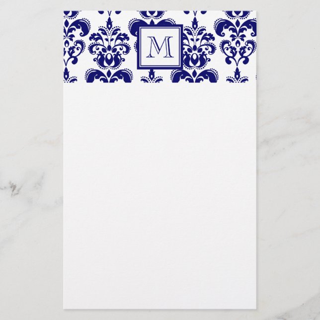 Your Monogram, Navy Blue Damask Pattern 2 Stationery (Front)