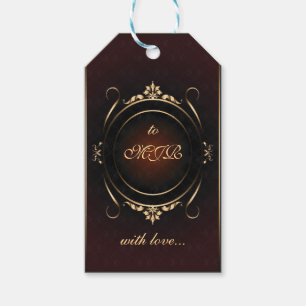Your monogram on royal burgundy and deluxe gold gift tags