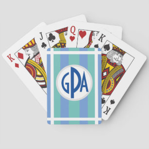 Your monogram on striped Blue, Turquoise  & White Playing Cards