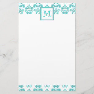 Your Monogram, Teal Damask Pattern 2 Stationery