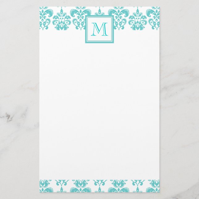 Your Monogram, Teal Damask Pattern 2 Stationery (Front)