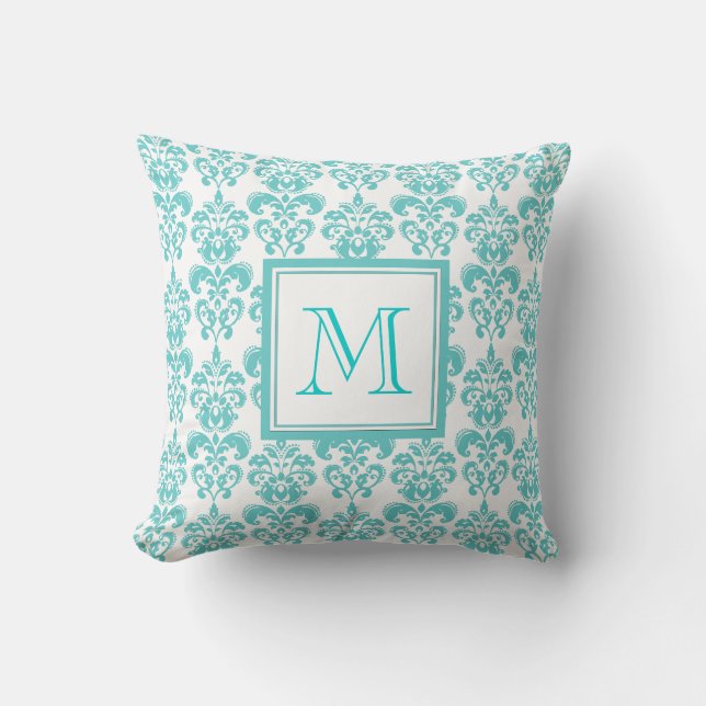 Your Monogram, Teal Damask Pattern 2 Throw Pillow (Front)