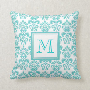 Your Monogram, Teal Damask Pattern 2 Throw Pillow