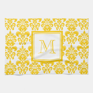 Your Monogram, Yellow Damask Pattern 2 Kitchen Towel