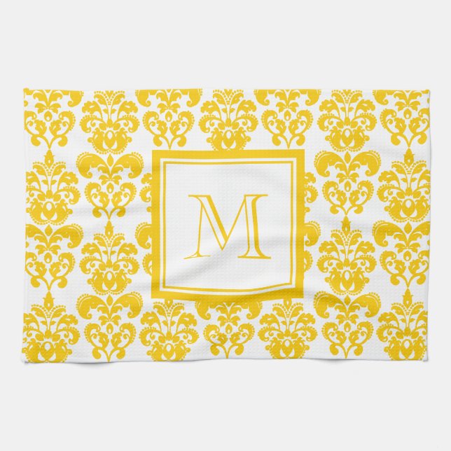 Your Monogram, Yellow Damask Pattern 2 Kitchen Towel (Horizontal)