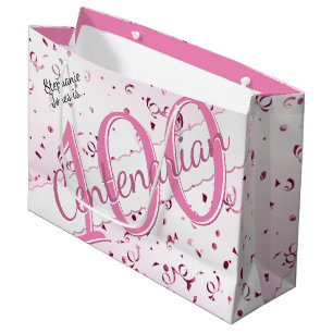 Your Name - 100 Years Centenarian Pink/White  Large Gift Bag
