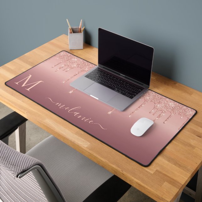 Your Name and Letter Rose Gold Blush Glitter Desk Mat (Office 2)