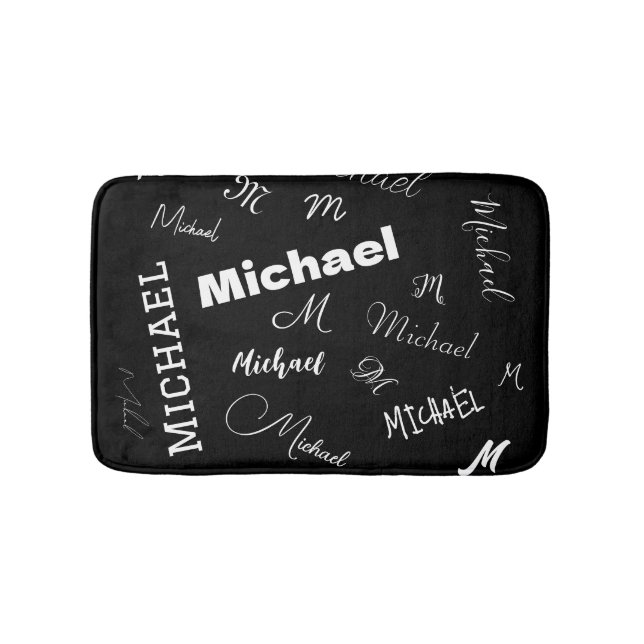 Your name and monogram custom pattern black bath mat (Front)