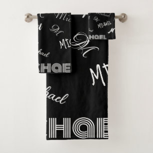 Your name and monogram custom pattern black bath towel set