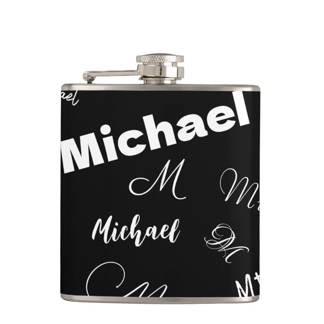 Your name and monogram custom pattern black hip flask (Front)