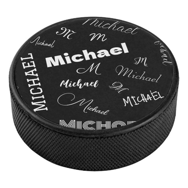 Your name and monogram custom pattern black hockey puck (3/4)